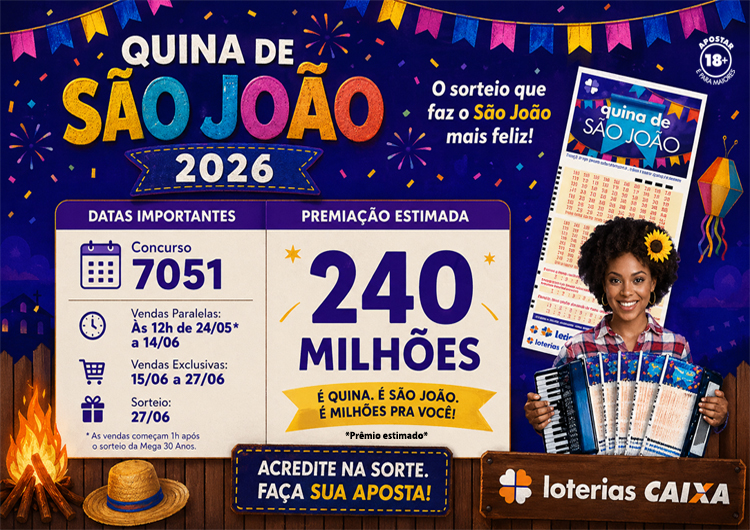 Quina de São João 2026 — sorteio dia 24 de junho